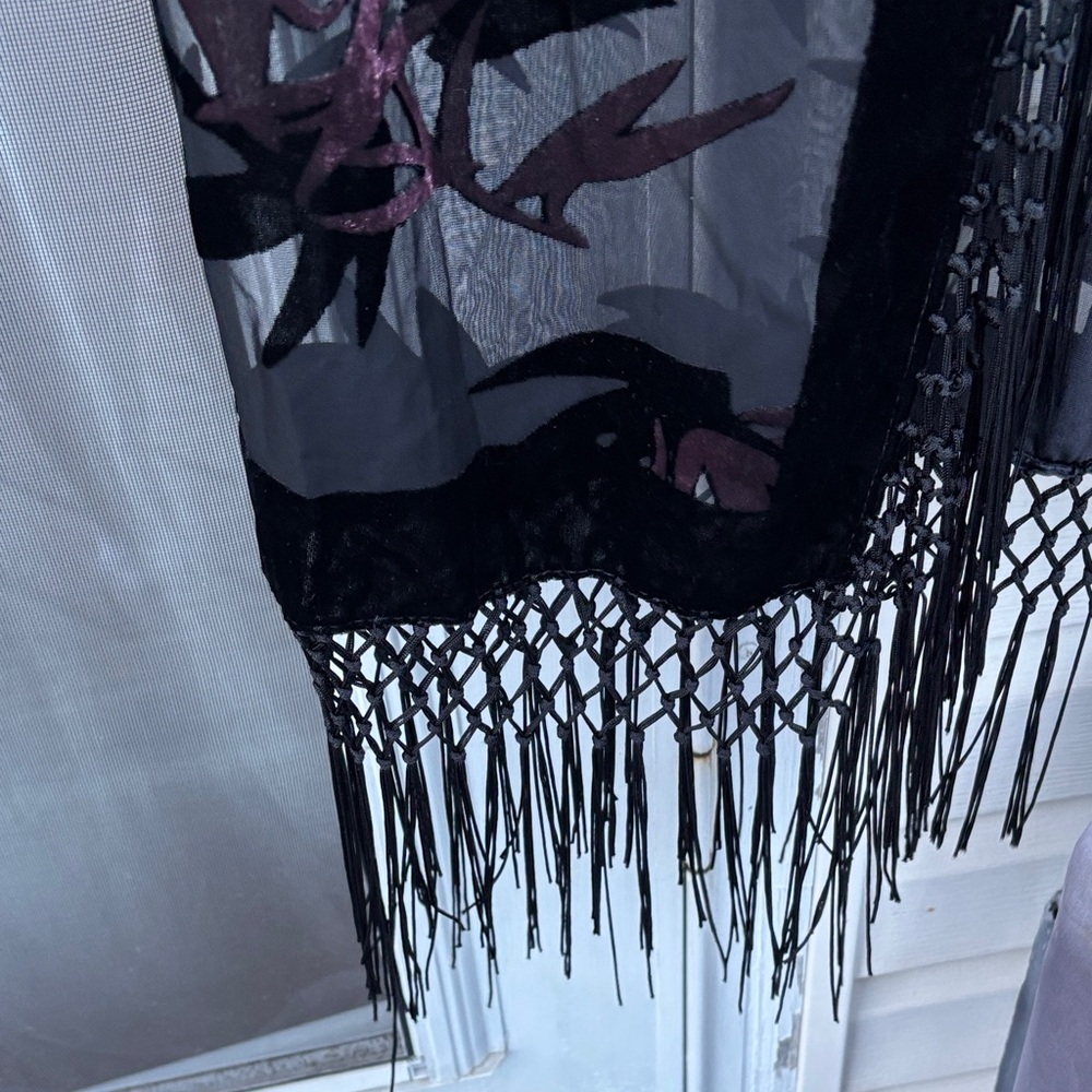 JayLey Ladies Silk Black Fringe Sheer Pink Velvet Top Boho Kimono Cardigan - Picture 11 of 16